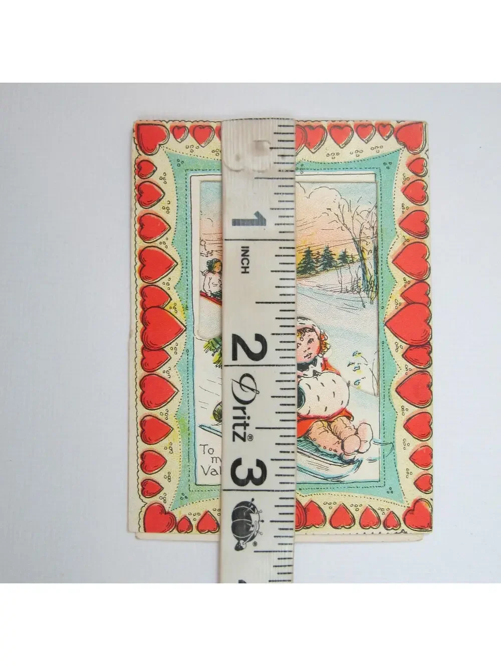 Vintage Valentine Die cut Fold 3D Card Girl Boy Snow Sledding 1920s-30s UNSIGNED